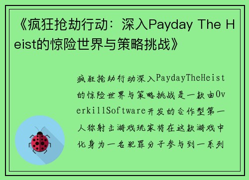 《疯狂抢劫行动：深入Payday The Heist的惊险世界与策略挑战》